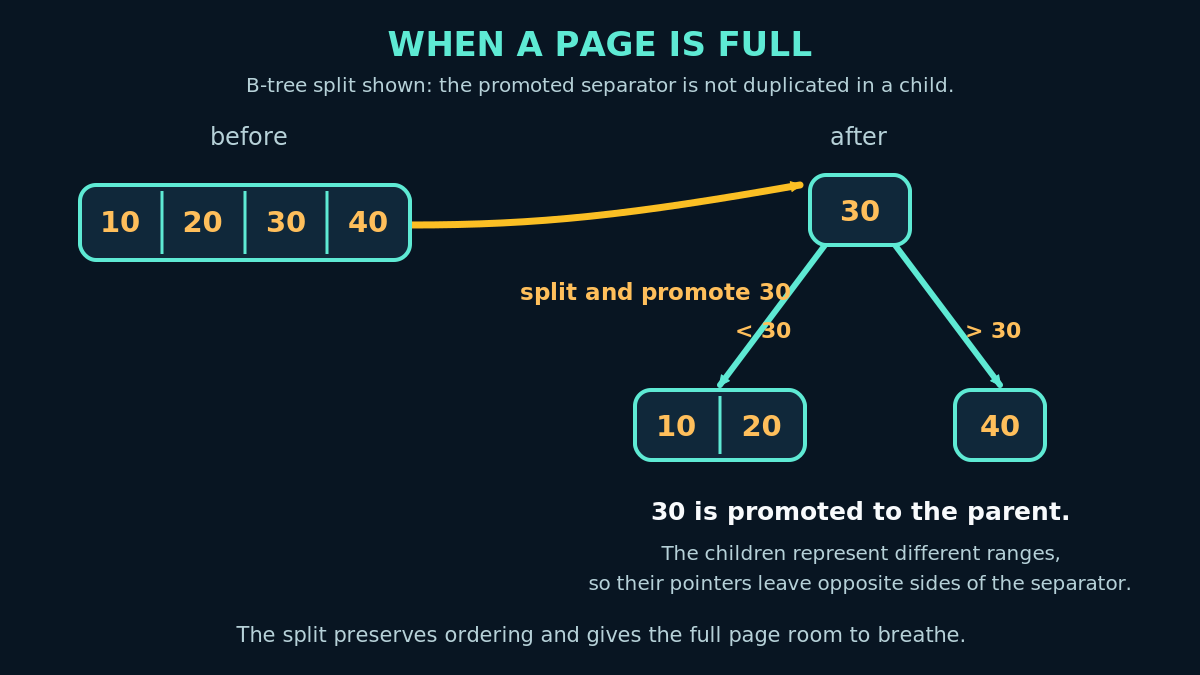 B-tree split where 30 is promoted to a parent, leaving keys 10 and 20 in the left child and 40 in the right child