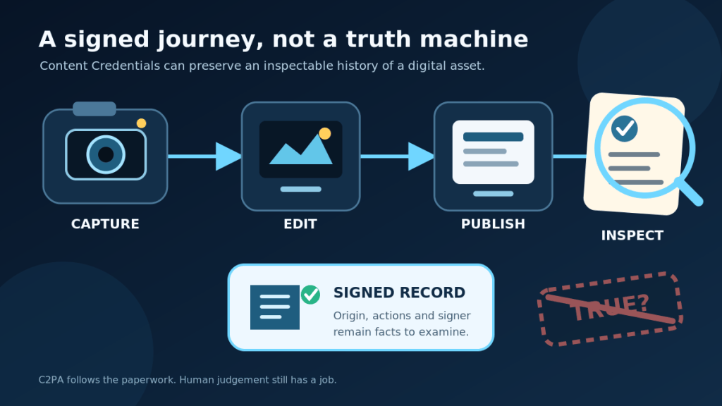 A digital image carrying a signed provenance record from a camera through editing and publishing to inspection