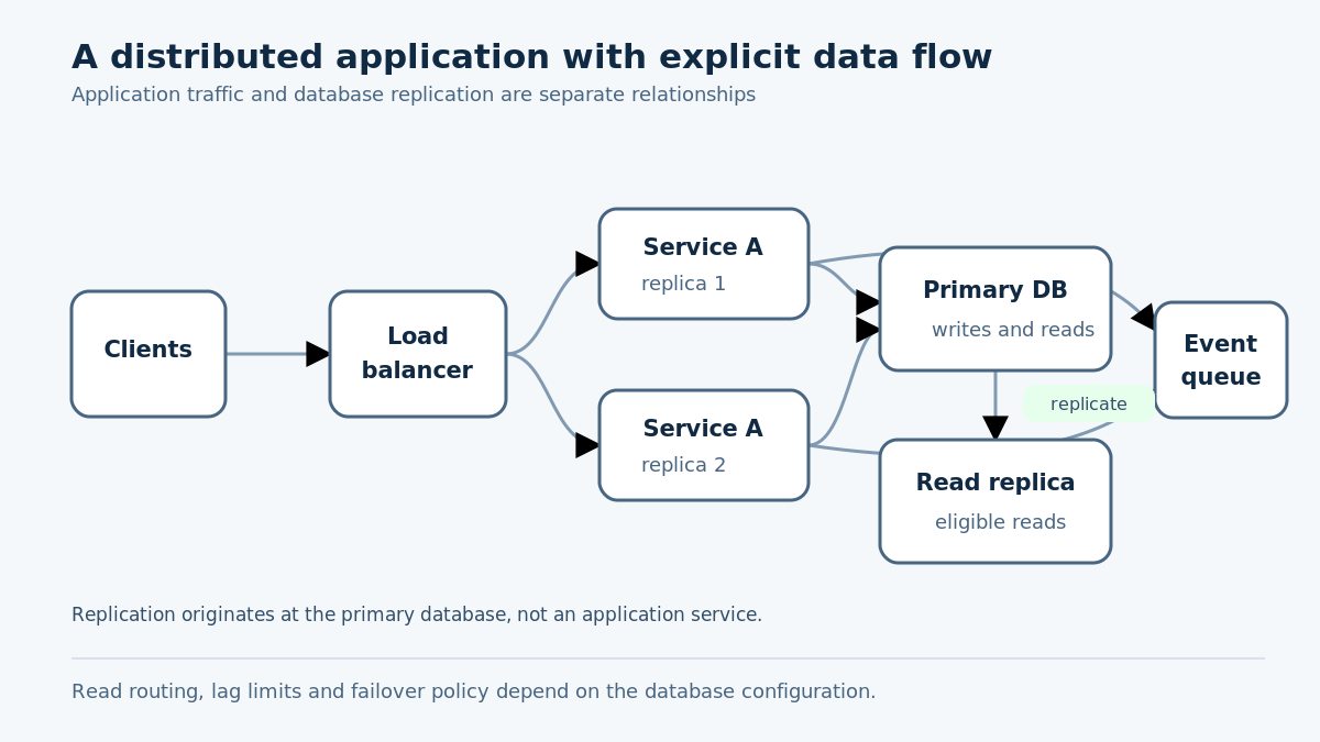 Clients pass through a load balancer to two service replicas; both use a primary database, which replicates to a read replica, while services can publish to an event queue
