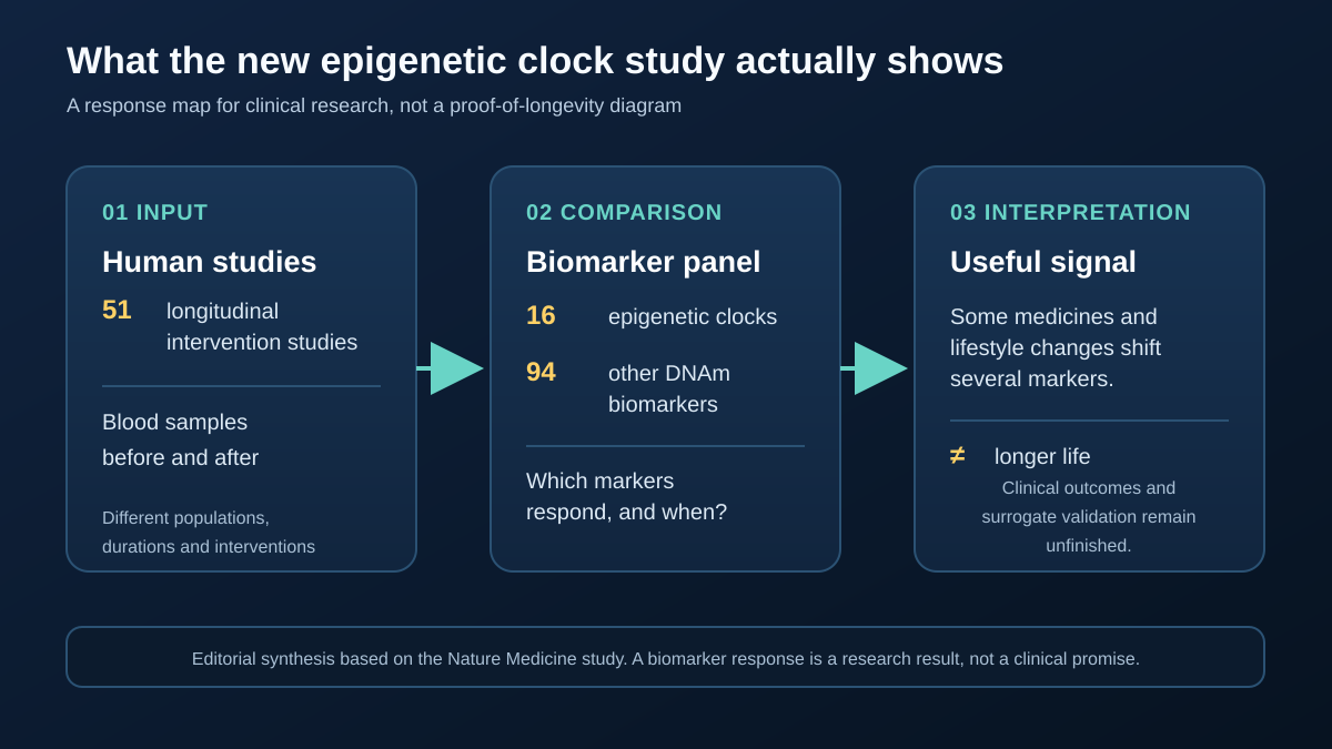 Editorial synthesis showing 51 longitudinal intervention studies compared across 16 epigenetic clocks and 94 DNA methylation biomarkers, leading to a measurable response signal but not proof of longer life