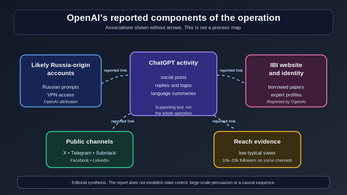 Editorial synthesis of OpenAI’s report showing likely Russia-origin accounts, ChatGPT activity, the IBI website, public channels and reported reach as related components, not a causal sequence