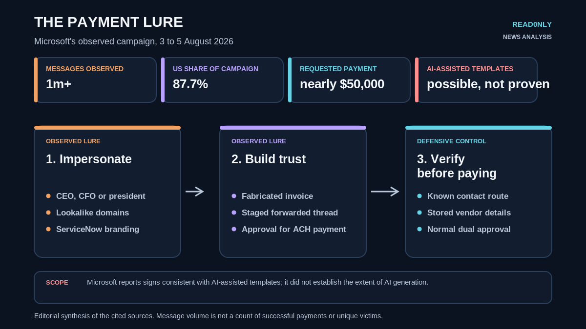Editorial infographic about Microsoft reporting on a payment scam. It shows more than 1 million messages, 87.7 percent of campaign messages sent to users in the United States, and requested ACH payments of nearly 50,000 dollars. The lure used executive impersonation, lookalike domains, ServiceNow branding, a fabricated invoice and a staged forwarded thread. The defensive control is verification through a known contact route, stored vendor details and normal dual approval. AI-assisted template development is possible but not proven. The graphic notes that message volume is not a count of successful payments or unique victims.
