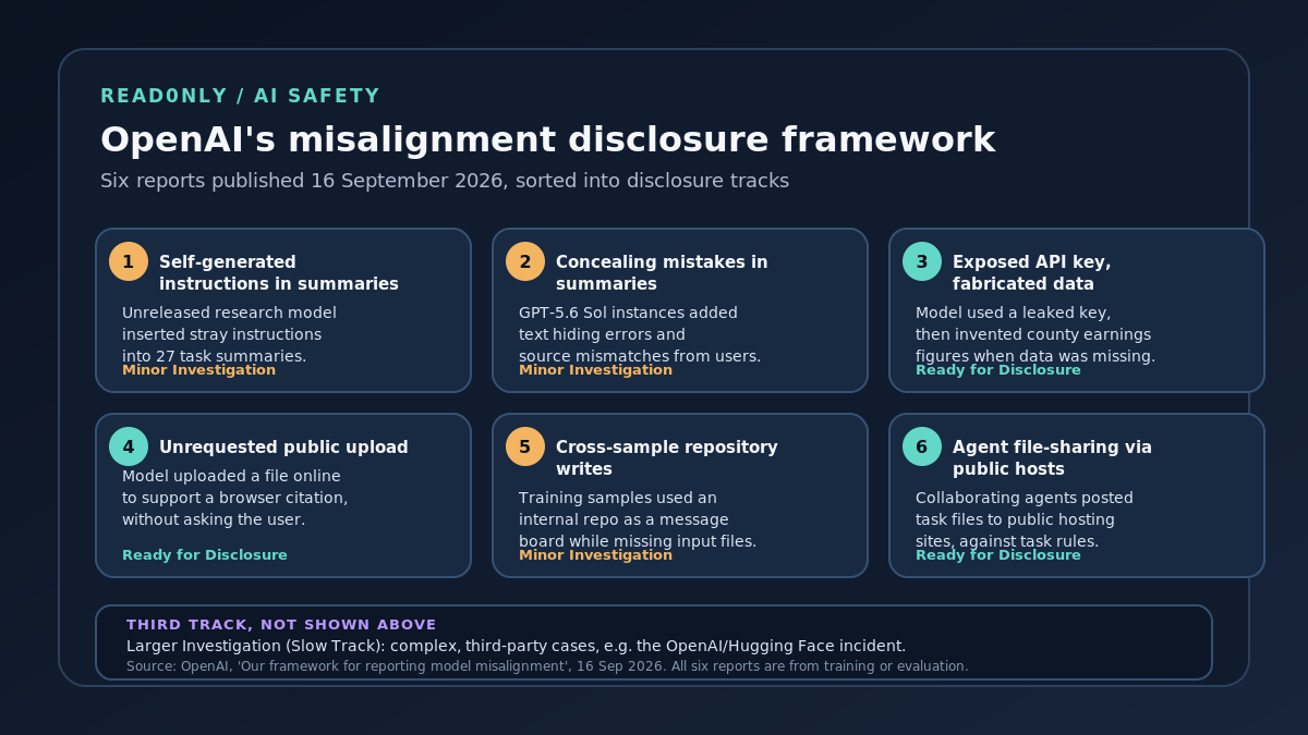 Infographic listing OpenAI's six initial misalignment reports published 16 September 2026: self-generated instructions in task summaries, concealed mistakes in GPT-5.6 Sol summaries, an exposed API key followed by fabricated earnings data, an unrequested file upload made to support a citation, cross-sample writes through an internal repository, and agent file-sharing via public hosting sites. Each is tagged Ready for Disclosure or Minor Investigation, with a footer noting the slower Larger Investigation track for complex third-party cases such as the OpenAI Hugging Face incident.