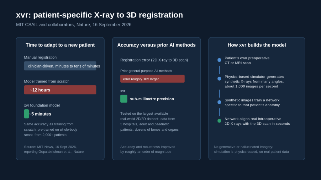 Infographic comparing MIT's xvr patient-specific X-ray to 3D registration technique with manual registration and prior AI methods: patient adaptation time of about 5 minutes for the xvr foundation model versus about 12 hours to train a registration model from scratch and manual clinician registration; sub-millimetre registration accuracy versus roughly an order of magnitude larger error for prior general-purpose AI methods; and a four-step diagram of the xvr mechanism from preoperative CT/MRI scan to physics-based synthetic X-ray generation to patient-specific model training to real-time 2D/3D alignment.
