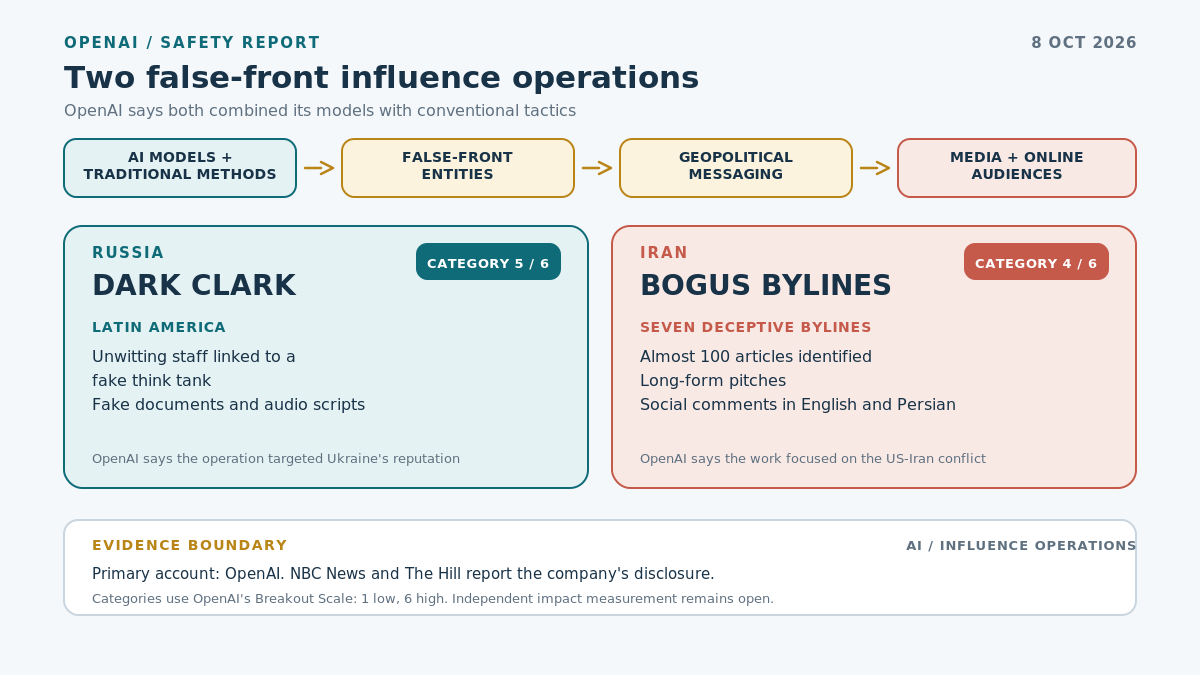 Infographic comparing OpenAI's reported Russian Dark Clark and Iranian Bogus Bylines influence operations. It shows the company-assessed Breakout Scale categories 5 and 4, the Russian operation's Latin American think tank and the Iranian operation's seven deceptive bylines and almost 100 identified articles. The evidence boundary attributes the account to OpenAI and notes coverage by NBC News and The Hill.