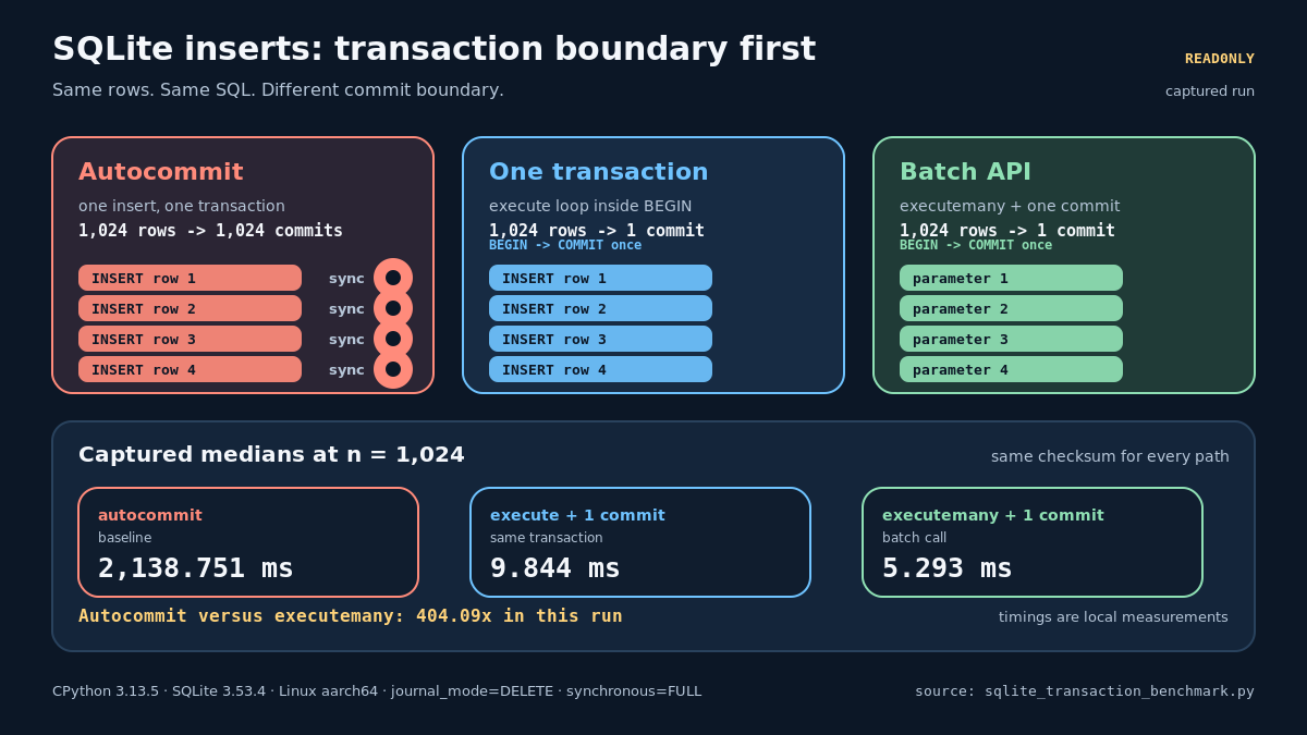 Original Read0nly infographic explaining SQLite insert batching. The autocommit path executes one insert per transaction, while the two batched paths insert 1,024 rows inside one transaction. In the captured CPython 3.13.5 run with SQLite 3.53.4, DELETE journal mode and FULL synchronous mode, medians were 2,138.751 ms, 9.844 ms and 5.293 ms; all returned the same checksum.